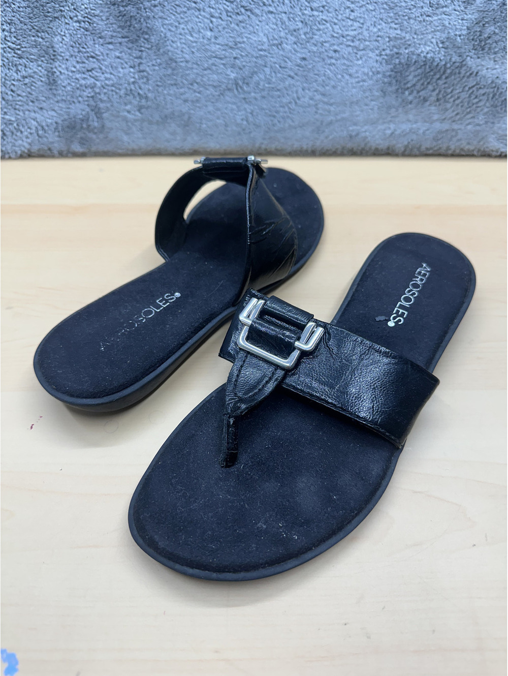 Aerosoles Black Leather Slide Sandals with Buckle Detail